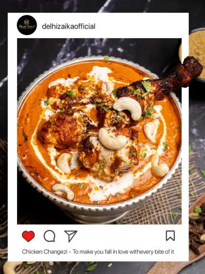 This is our legendary Chicken Changezi, framed for the love it deserves. We slow-cook tandoori chicken in a rich, creamy, and smoky tomato gravy, finished with cashews. It's a dish that will make you fall in love with every bite.