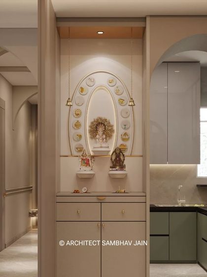 A harmonious blend of spirituality, this mandir design exudes tranquility through its soft beige tones and arched minimalism. The oval niche, adorned with symbolic elements, radiates divine energy.