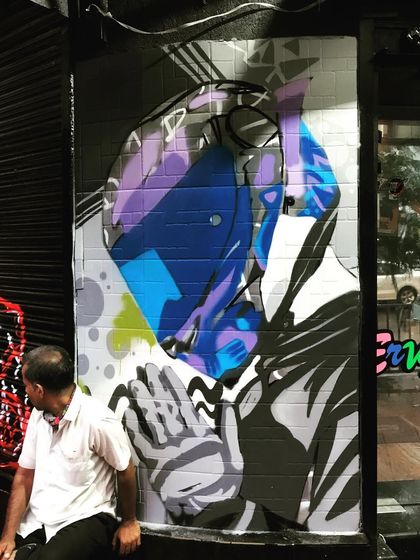 Even during creation, our murals start to transform the space. Here's a look at the piece before the final colors were added.