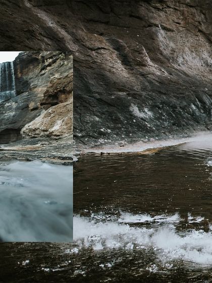 An artistic collage that blends the raw texture of rocks with a serene shot of the bride-to-be near a waterfall.