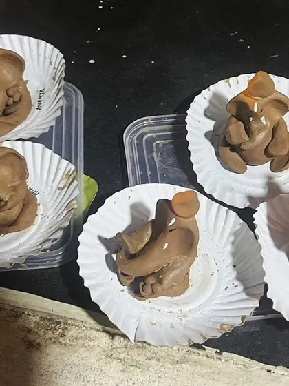 For Ganesha Chaturthi, the children sculpted their own idols using natural clay. This tactile activity is wonderful for strengthening hand muscles and connecting with cultural traditions.