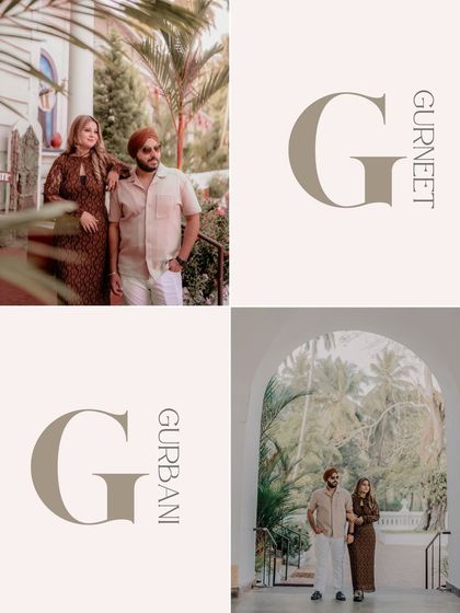 A stylish collage with the couple's initials. These portraits, taken against the backdrop of Goan architecture, showcase their relaxed yet fashionable pre-wedding style.