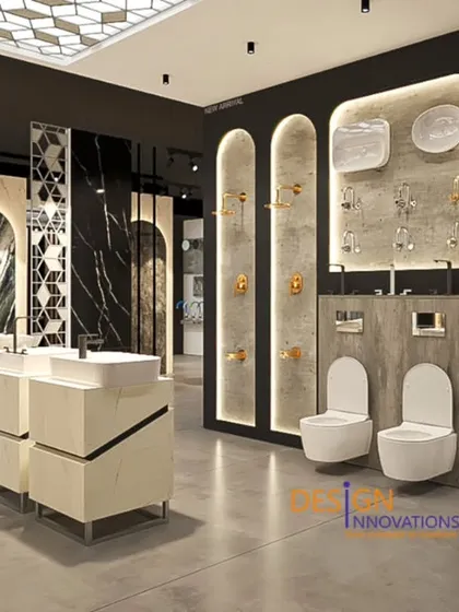 A comprehensive view of the Hindware Italian Collection showroom. We utilized a dramatic palette of black marble, white ceramics, and brushed gold fixtures to create a high-contrast, luxurious environment. The layout is designed for exploration, with distinct zones for different product lines.