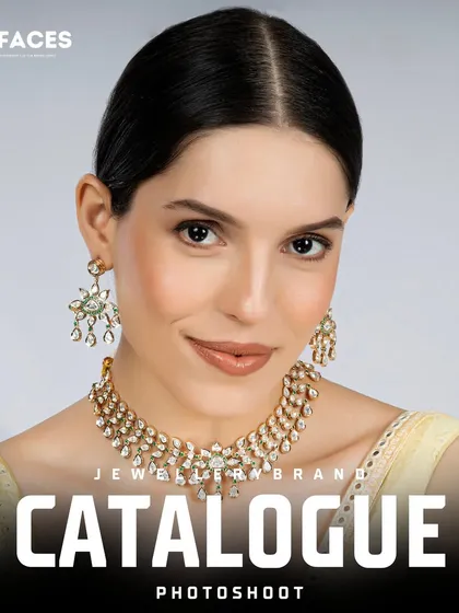 A model displays an elegant kundan and diamond necklace set. The composition and lighting are designed to highlight the intricate craftsmanship for a luxury brand.