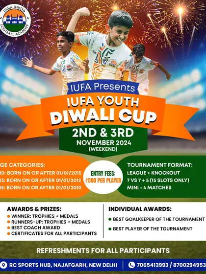 Celebrate the festive season on the football field with the IUFA Youth Diwali Cup. This special weekend tournament for U10, U13, and U15 players combines competitive 7v7 matches with awards for teams and individual stars.