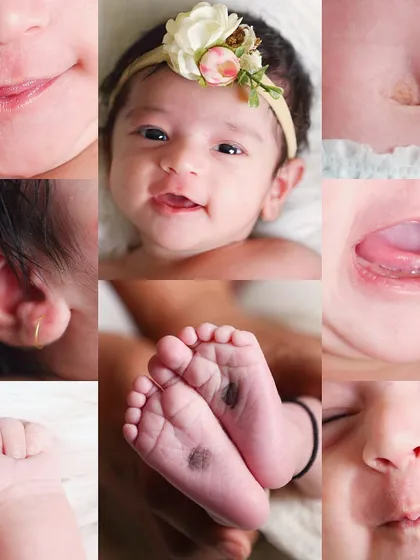 A colorful and happy collage of a smiling baby girl's features. This collection of close-ups captures her happy personality and all her adorable details.