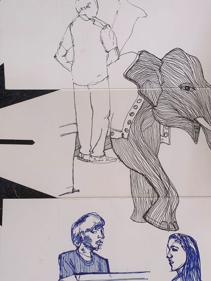 A series of pen-and-ink sketches from the festival, capturing portraits and the elephant sculpture.