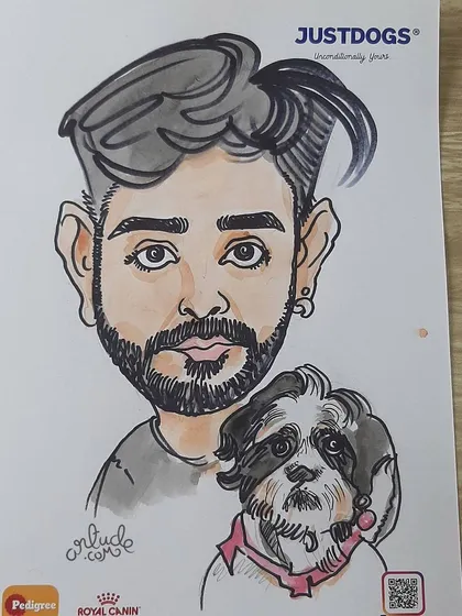 This detailed caricature captures the unique features of both the owner and his stylish pup.