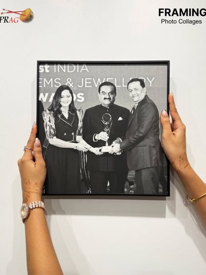 A photograph with industrialist Gautam Adani, framed for the Kiran Gems corporate office. This project showcases our ability to deliver high-volume, high-quality framing for our corporate clients.