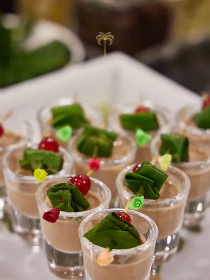 Another view of our paan mousse shots, a sweet and refreshing end to a festive meal. The presentation in shot glasses makes them a modern and convenient treat.