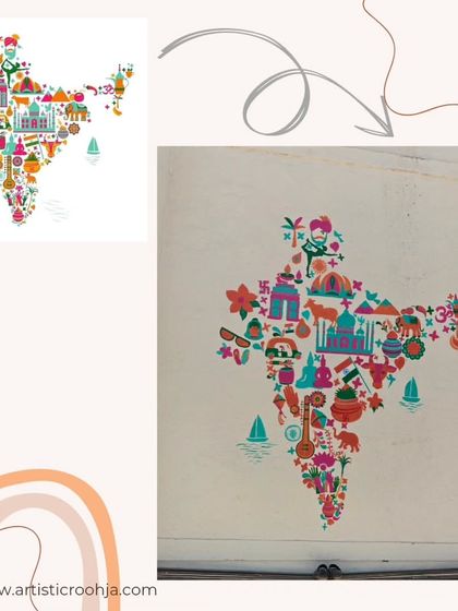 A mural of the map of India, filled with colorful doodles representing the diverse culture, monuments, and life across the country. A fun and educational piece for students.