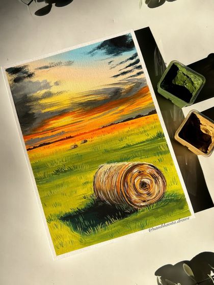 The full view of my final haystack painting, showing the vibrant green field against the fiery sunset. This was a challenging but rewarding piece.
