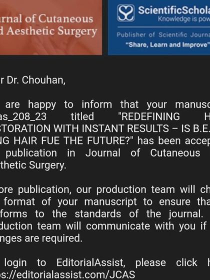 I am proud to announce our publication on Long Hair FUE has been accepted in the Journal of Cutaneous and Aesthetic Surgery. This article redefines how we think about achieving instant results in hair restoration.