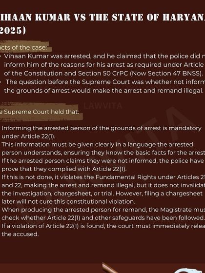The Supreme Court has held that informing an accused of the grounds for arrest is a mandatory constitutional right under Article 22(1). I ensure that the fundamental rights of my clients are protected at every stage.