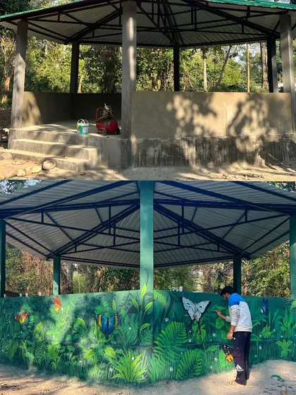 A before and after look at a wall mural project in Arunachal Pradesh. We transformed a simple concrete gazebo into a vibrant jungle scene, showing how on-site art can bring any space to life.