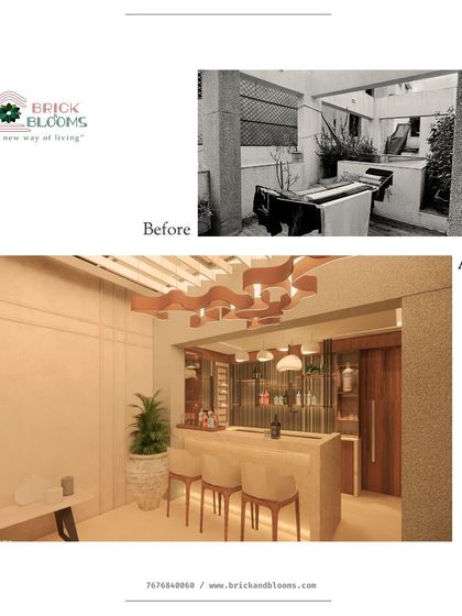 A side-by-side comparison of a terrace before our intervention and the proposed design. The final concept features a fully equipped bar with stylish seating and unique overhead lighting, turning a simple utility area into a prime spot for entertainment.