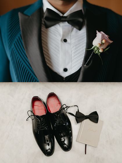 A detailed shot of the groom's unconventional teal tuxedo, showcasing the pleated shirt, black bow tie, and patent leather shoes. It's all about the details.