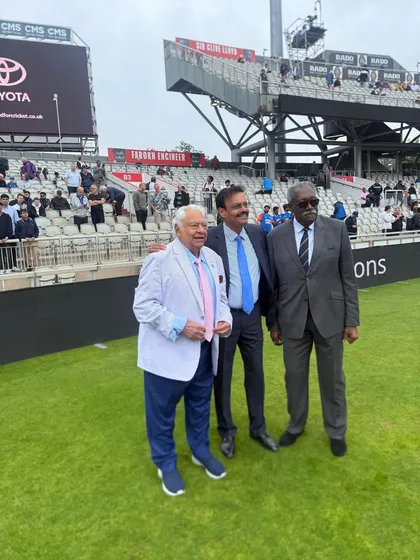 At Old Trafford with two West Indian and Parsi cricket legends, Clive Lloyd and Farokh Engineer, for the naming ceremony of their stands.