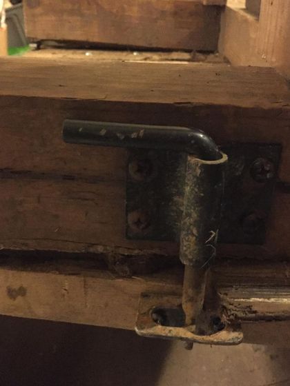 A close-up of the old, broken latch on our barrel cart. Little equipment failures like this can cause big delays in our pickup schedule.