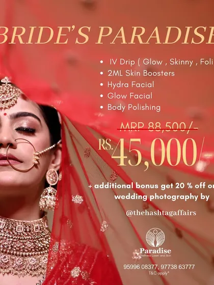 My Bride's Paradise package is designed to offer a complete glow-up at an incredible value. This bundle includes everything from IV drips and skin boosters to facials and body polishing, making luxury bridal prep accessible.