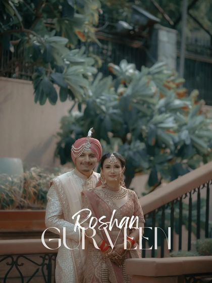 Another beautiful portrait of Roshan and Gurveen, their names elegantly overlaid, set against a backdrop of lush greenery.