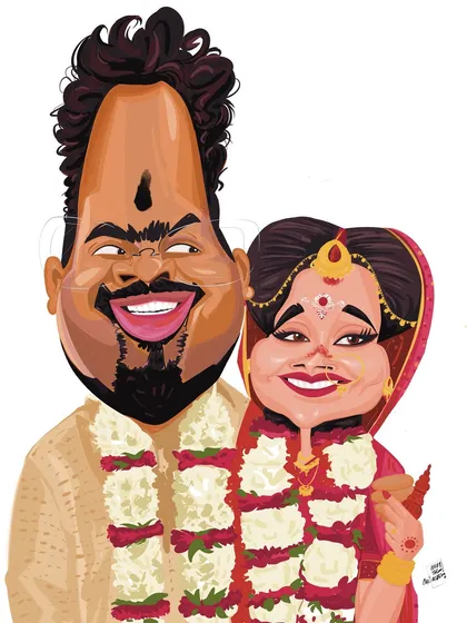 The final digital caricature of a beautiful Bengali wedding couple, transformed from their photo into a unique piece of art. I highlighted their smiles and traditional attire to create a lasting memory.
