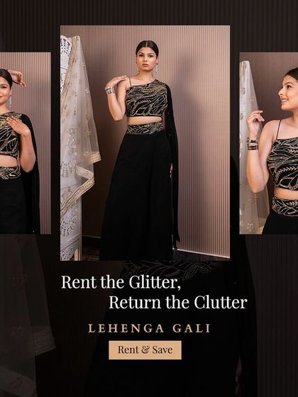 Rent the glitter, return the clutter. This black one-shoulder crop top and skirt set is a chic and minimalist option for a modern party.