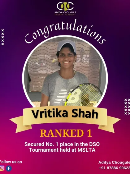 A huge congratulations to Vritika Shah for securing the No. 1 rank in the DSO Tournament held at MSLTA. She continues to set a high standard for excellence.