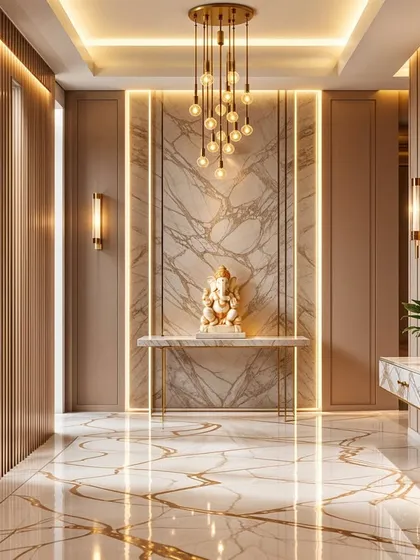 This grand foyer features fluted wood paneling, a marble floor with gold inlay, and a central Ganesha idol, blending modern luxury with spiritual grace.