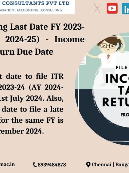 Mark your calendars. The main deadline to file your ITR for FY 2023-24 is July 31, 2024. If you miss this, the last date to file a late return for the same year is December 31, 2024.
