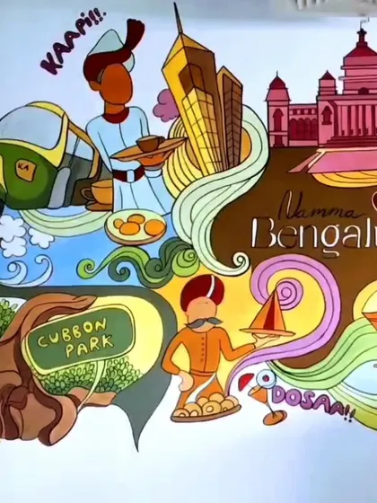 The left side of the Bengaluru mural, featuring Cubbon Park, an auto-rickshaw, and of course, dosa! It brings a lot of local flavor and color to the cafe.