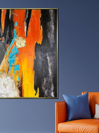 This abstract hand-painted canvas features a dramatic interplay of orange, black, and blue. The thick textures and bold brushstrokes create a powerful and energetic piece, perfect for a modern space.