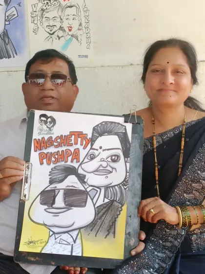 This couple's caricature has a fun, movie-poster vibe. I enjoy adding creative themes to my drawings.