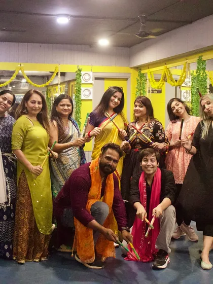 A group photo from our Dandiya Night with the Zumba fam, all dressed in traditional wear.