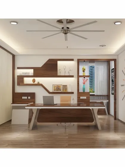 This perspective shows the integration of the desk with the wall unit, creating a seamless and organized workspace. The combination of dark wood and white surfaces provides a contemporary contrast.