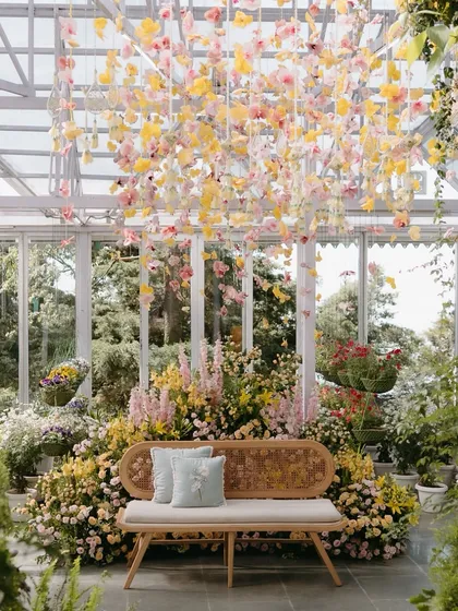 A sun-drenched glasshouse was the perfect canvas for this joyful Haldi. I filled the space with hanging orchids and beds of yellow and pink flowers, designing a setup that felt light, personal, and full of life, letting the natural beauty of the space shine.