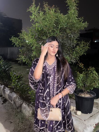 A full look in a deep purple Punjabi suit with delicate white embroidery, sourced from my mom's closet.