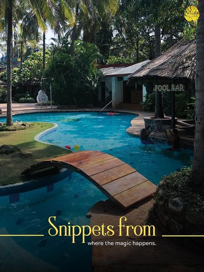 Snippets from where the magic happens. Our main pool with its charming wooden bridge and poolside bar is a central hub for relaxation and celebration.