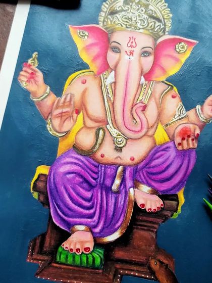 A detailed shot of the Ganesha artwork, focusing on the textures of his dhoti and the intricate jewelry.