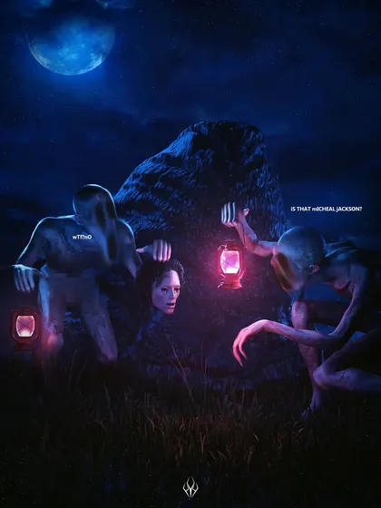 A more humorous take on horror, where two creatures discover a severed head and wonder if it's Michael Jackson. This shows that I can also incorporate dark humor into my work.