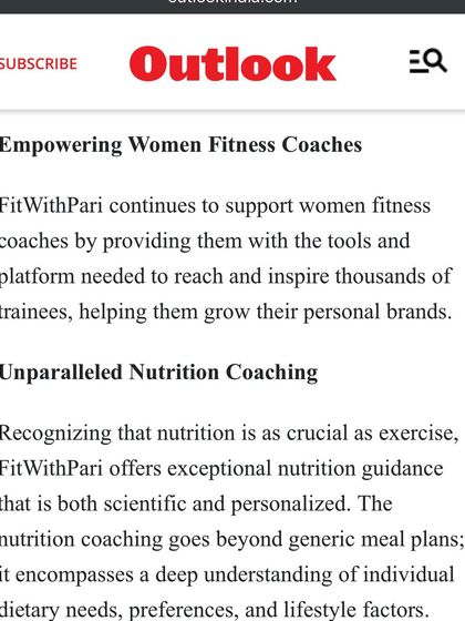 This excerpt from our Outlook India article details our focus on empowering women fitness coaches and providing unparalleled, scientific nutrition coaching that goes beyond generic meal plans.