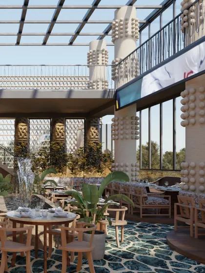 A central fountain adds a tranquil element to the grand atrium of Skyro. The space is designed to feel both majestic and serene, with the sound of water complementing the lush, natural surroundings.