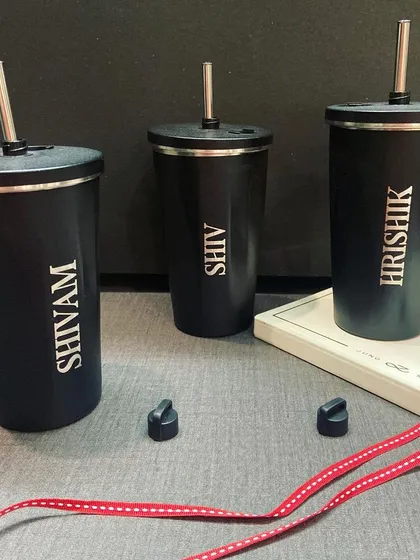 Our insulated geometric sipper in a classic matte black. It comes with a reusable metal straw and is perfect for a sleek, modern look.