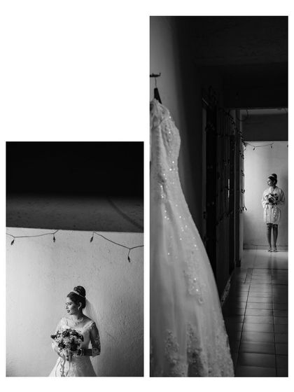 A creative black and white diptych showing the bride with her dress. The composition plays with foreground and background, creating an artistic getting-ready shot.