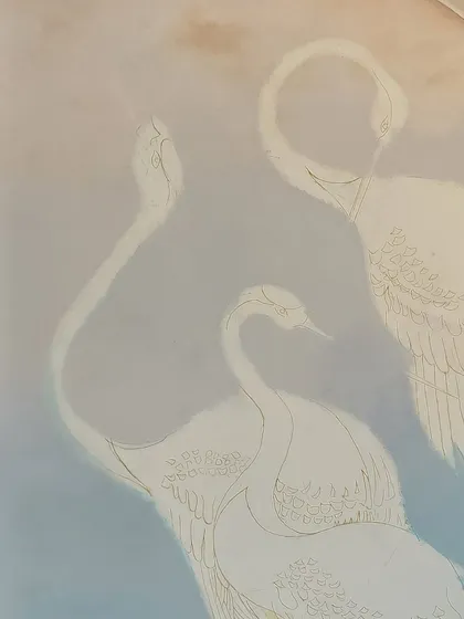 The initial sketch and painting process of the crane mural. This behind-the-scenes look reveals the artistry and dedication required to bring such a vision to life.