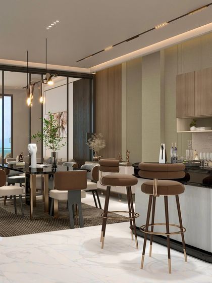 The open plan layout of the Chattarpur farmhouse integrates the dining and bar area with the living space. This encourages social interaction while maintaining distinct functional zones.