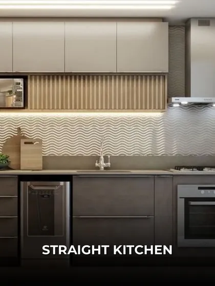 A straight kitchen layout is ideal for smaller apartments or narrow spaces. This design maximizes efficiency by placing all workstations and appliances along a single wall, keeping the workflow linear and simple.