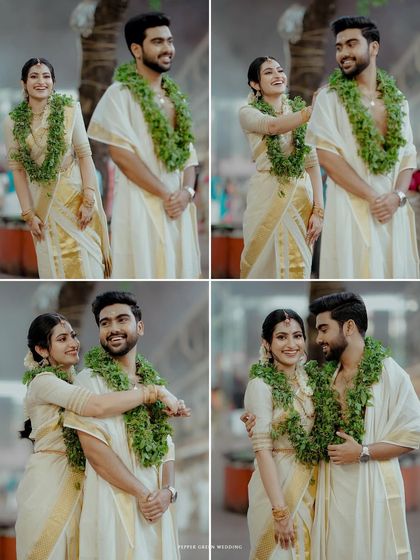 A collage of playful and romantic moments of the couple after their temple wedding, showcasing their happy connection.