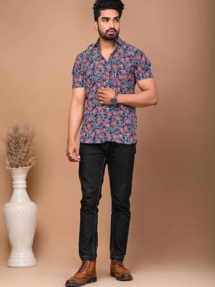 The men's shirt from the blue floral couple set, featuring a beautiful hand-block print.