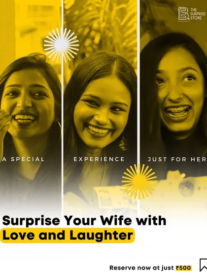 A graphic showcasing the love and laughter I bring to every surprise for a wife. Reserve an unforgettable experience for her with just a small deposit.
